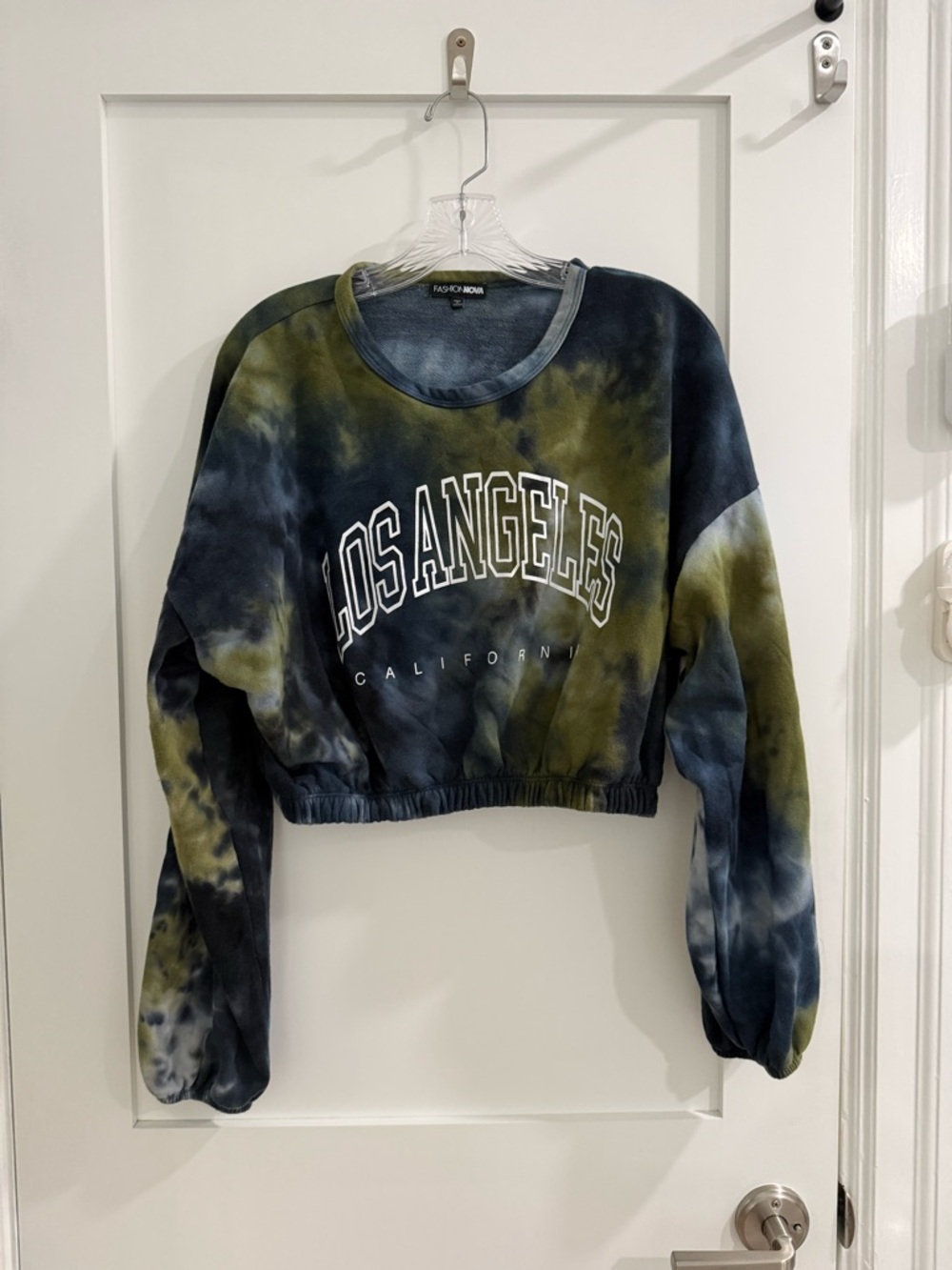 Fashion Nova Navy Blue + green tie dye Los Angeles cropped sweatshirt (Read)